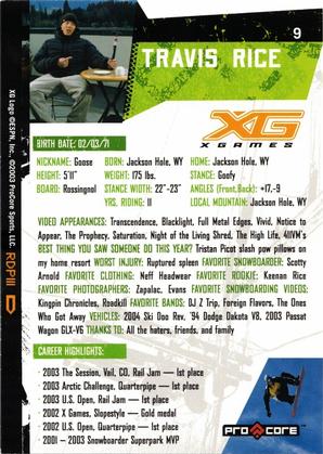 2004 Pro Core Sports X Games #9 Travis Rice Back